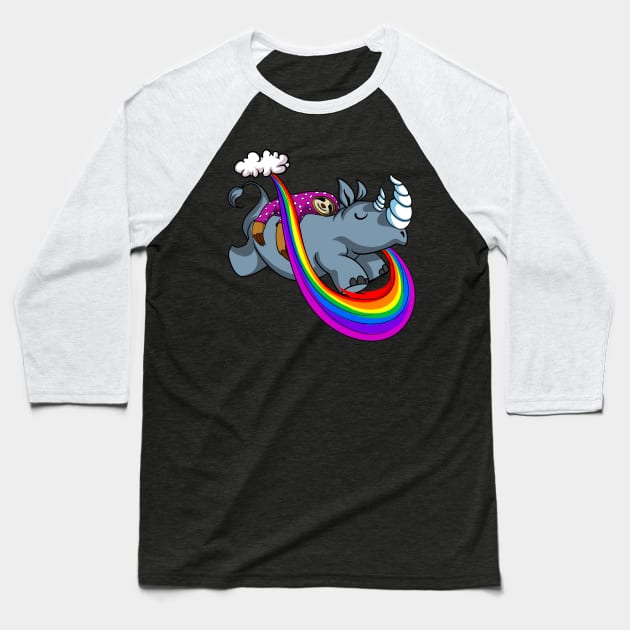 Sleeping Sloth Riding Rhino Fantasy Rainbow Cartoon Baseball T-Shirt by underheaven